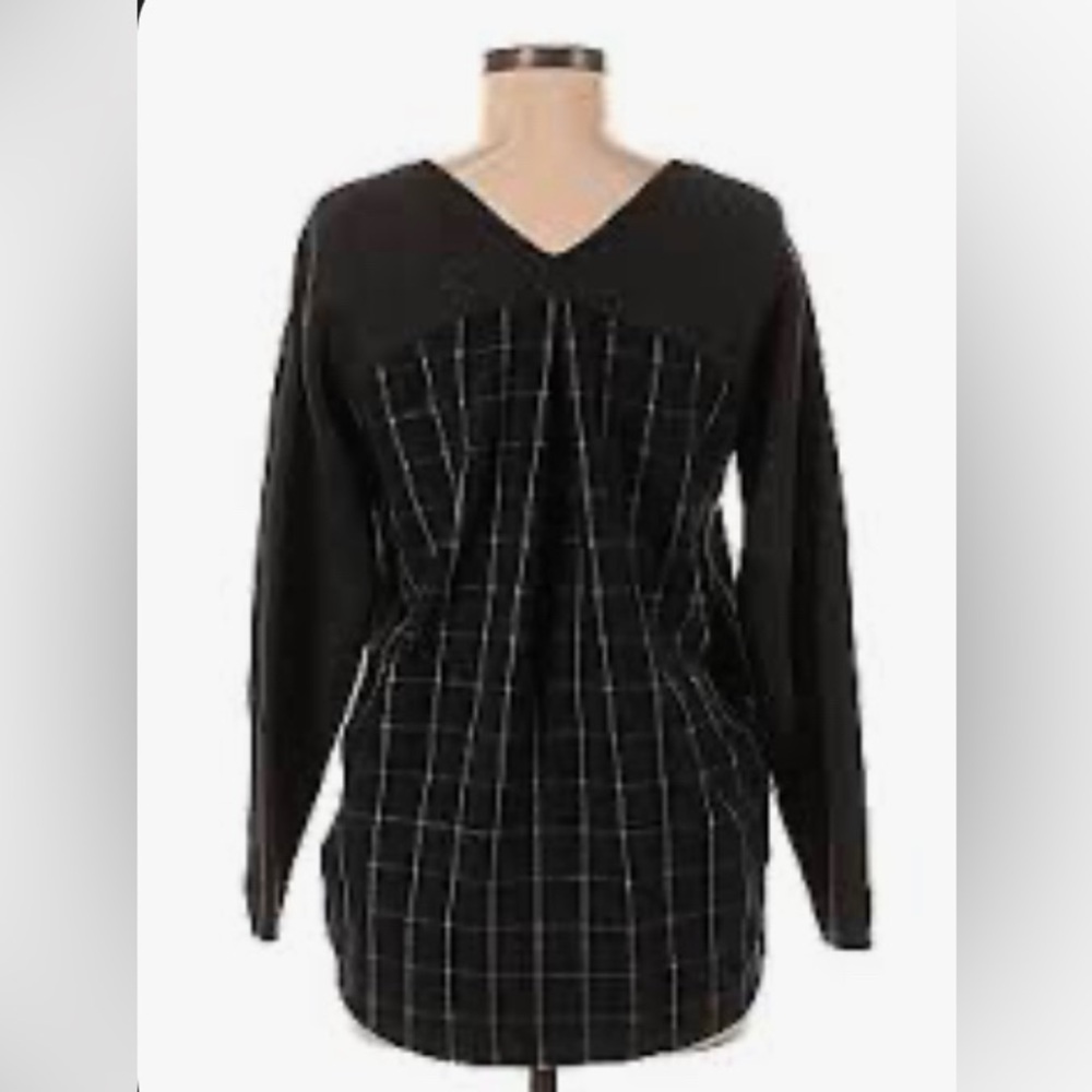 Grey knit sweater with a flannel panel back, size M